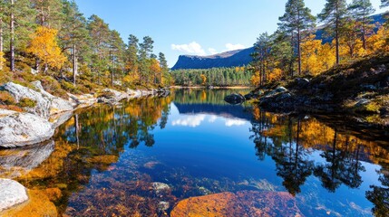 Naklejka premium Autumnal lake reflection in mountain valley