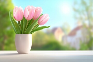 Vase of pink tulips sits on a table