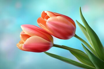 Fototapeta premium Two pink tulips are in a vase with green leaves