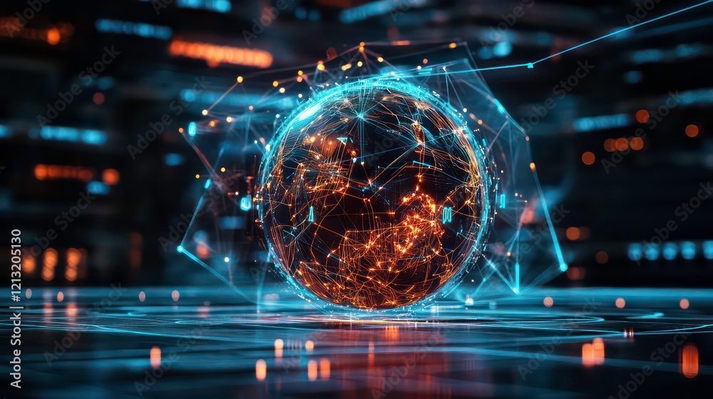 Poster global network connection, digital earth, futuristic technology, data visualization.