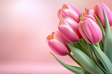 Fototapeta premium Bouquet of pink tulips is displayed on a pink background