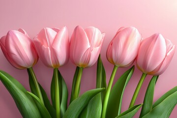 Fototapeta premium Bouquet of pink tulips is arranged in a row