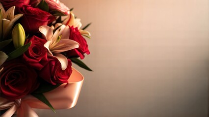 Close-up of Mother&rsquo;s Day bouquet with roses and lilies tied with a satin ribbon, simple blurred pastel background with copy space