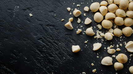 Fototapeta premium A flat lay of macadamia nuts and their broken shells on a matte dark gray background, showcasing raw and natural textures.