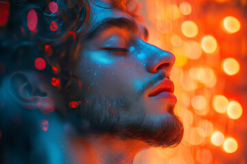 Fototapeta premium Profile of a man with eyes closed, illuminated by vibrant red and blue neon lights and digital light trails