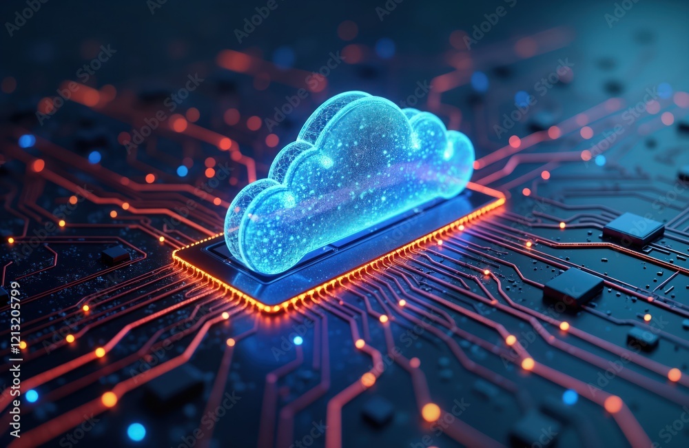 Aufkleber Futuristic image shows cloud computing transfer data on internet. Data transfer happens through tech network. Cloud symbol rests on tech infrastructure. Digital future concept. Data flow. Global