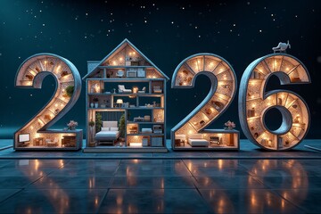 2026 constructed as a multi-story building, lit up against a starry night. New Year concept.