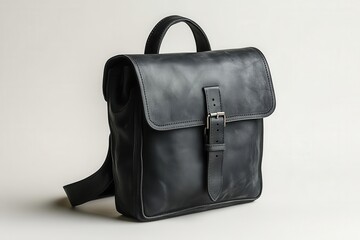 minimalist product photography of a sleek matte black leather backpack against white background with dramatic shadow play