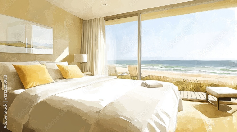 Poster Ocean-Facing Bedroom with Wooden Furniture