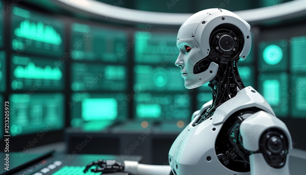 Poster advanced humanoid robot operates in futuristic control center. robot interacts with digital displays
