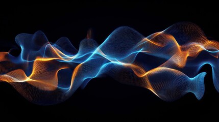 Abstract flowing blue and orange wave particles on black background.