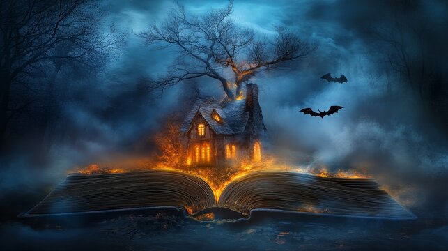 A dark, eerie mansion and bats materialize from an open book, capturing the essence of horror and the Halloween spirit