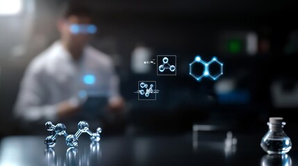 Futuristic Laboratory with Holographic Technology Displaying Molecular Structures and Elements