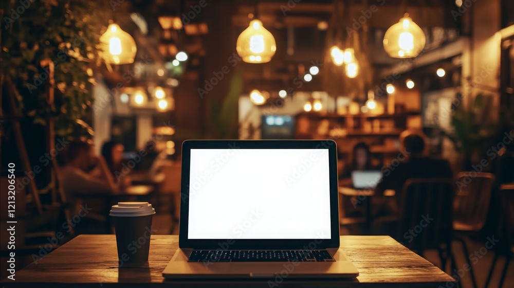 Poster soft lighting fills the cozy atmosphere of a cafe where a laptop sits on a wooden table beside a cof