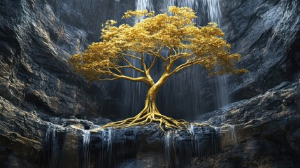 Golden Tree of Life in a Mystical Waterfall