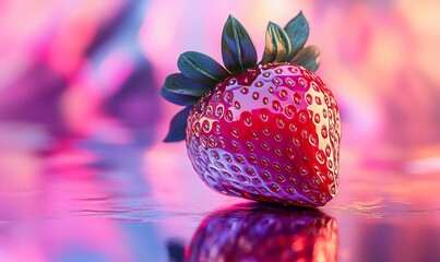 Vibrant strawberry, reflective surface, colorful bokeh background, food photography, recipe websites
