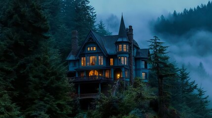 Fototapeta premium Hauntingly foggy midnight scene of an abandoned house, evoking horror and an eerie atmosphere with ghostly elements for spooky adventures