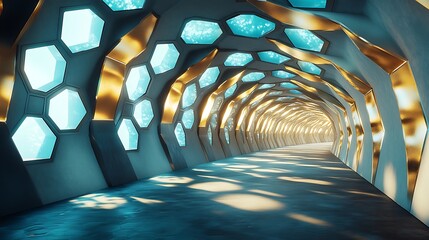 A futuristic tunnel of glowing blue and gold hexagonal tiles, emitting a soft light that casts shadows on the surrounding walls