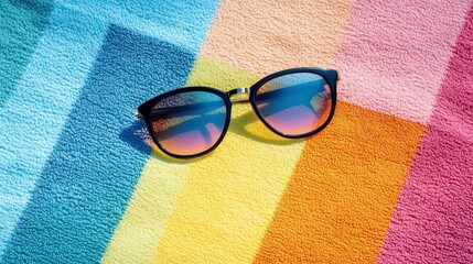 Sunglasses resting on a colorful beach towel in sunlight.
