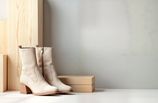 Beige boots on wooden surface. Stylish footwear displayed against light gray wall, wooden box. Trendy accessory for fashionable woman. Modern design elegant shoe. Comfortable, trendy boots ready for