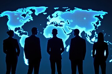 Business Team Silhouettes with World Map Projection: Global Strategy, Leadership, and Collaboration Concept for Corporate Success