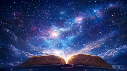 Naklejka premium Open book with cosmic sky above filled with sparkling stars and magic flowing out