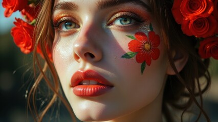 Creative experimental makeup with floral red roses and shimmering golden glitter, close-up portrait.