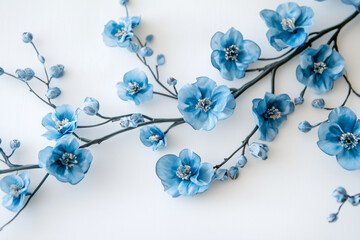 branch of a tree with soft blue flowers, blossom clean white background. backdrop. wallpaper. banner. card template with blank space