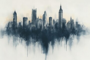 Obraz premium minimalist watercolor cityscape in muted grays and silvers soft edges blending into white space creating a dreamy urban atmosphere