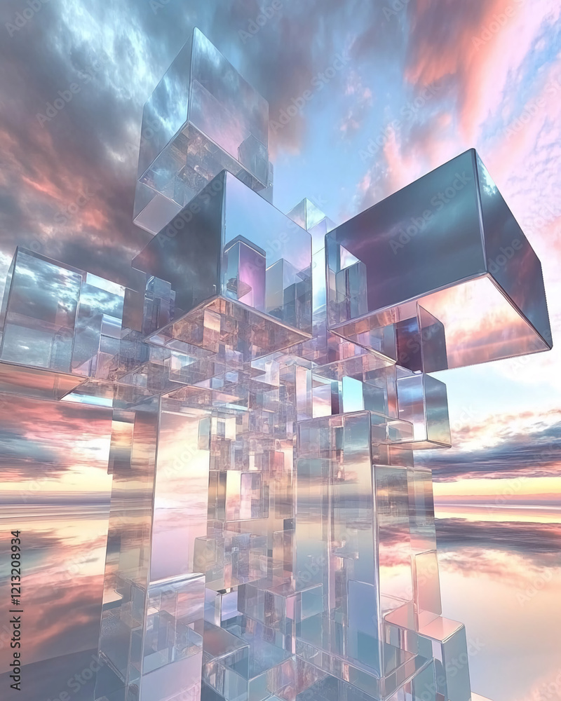 Poster abstract glass geometric structures with bright colors reflecting in futuristic design