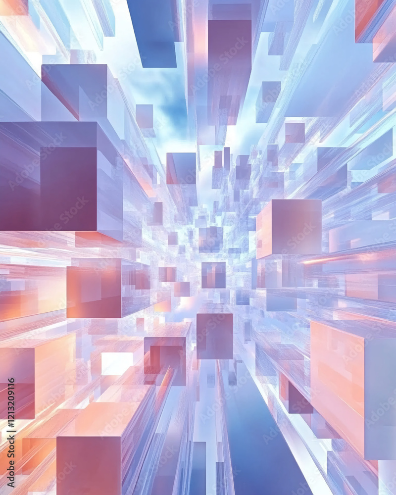 Poster Abstract Futuristic Digital Cubes with Light Reflections in Soft Colors