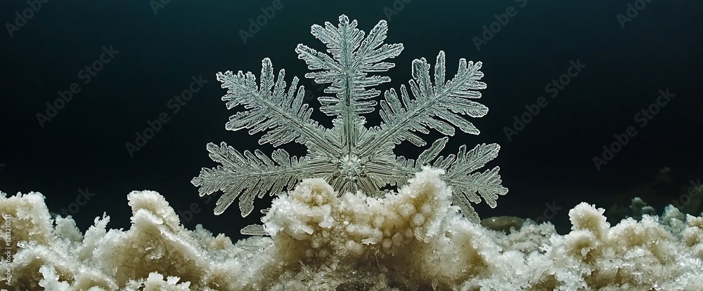Poster intricate ice snowflake over textured frost.