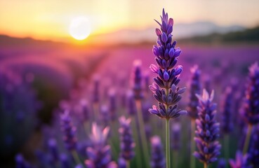 Fototapeta premium Beautiful lavender field at sunrise. Purple flowers bloom in row. Vibrant colours in natural landscape. Scenic rural scene in europe. Floral aroma. Nature background. Blooming fragrant plants in
