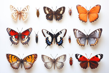 llustrations of butterflies and moths neatly arranged on a bright white surface