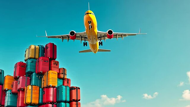 Colorful airplane flying over stacked luggage against blue sky
