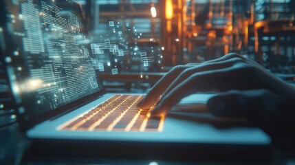 Software engineer developing innovative software using cutting edge technology on a laptop, with data and code displayed on the screen in a futuristic setting