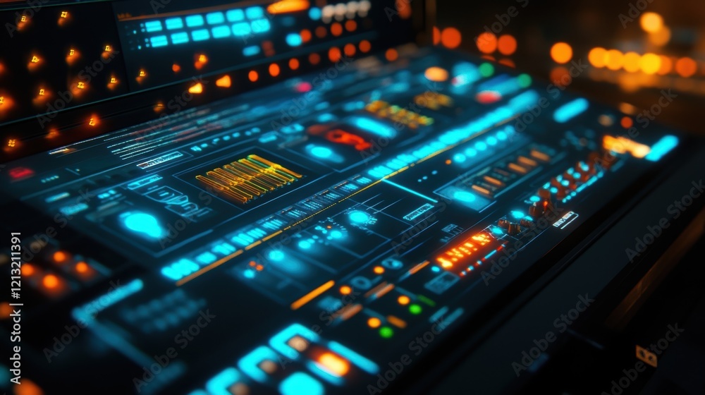 Poster complex digital interface displaying various data visualizations and processing information, suggest