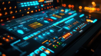 Naklejka premium Complex digital interface displaying various data visualizations and processing information, suggesting advanced technological capabilities and futuristic design