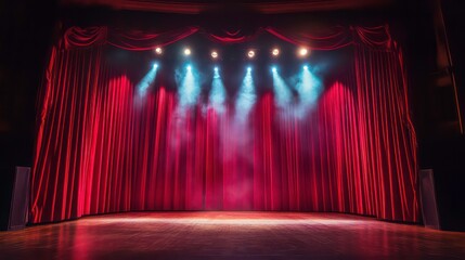 Empty stage with red curtains, spotlights, and fog.
