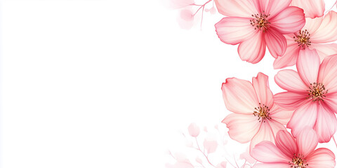 Fototapeta premium Pink cosmos flowers styled in a corner layout on a white background 