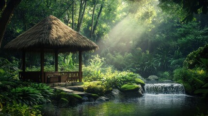 Fototapeta premium Serene Bamboo Gazebo by Waterfall in Lush Rainforest