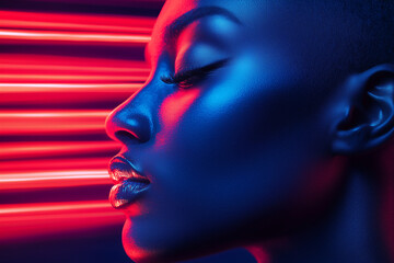 Profile of a woman with eyes closed, illuminated by vibrant red and blue neon lights and digital light trails