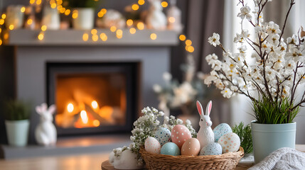 Inviting living room adorned with colorful Easter eggs and a warm fireplace
