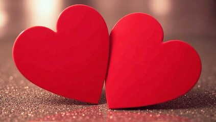 Obraz premium Two red hearts on red background. Love, romance, Valentine's Day.