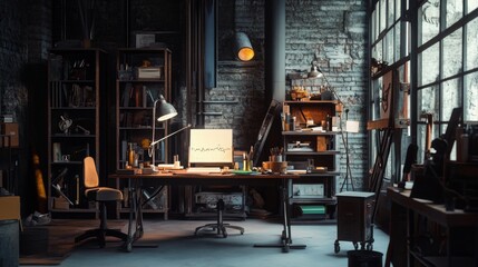 Vintage industrial workspace with warm lighting