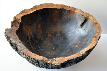 A large, artistic wooden bowl showcasing unique grain patterns and a natural edge.
