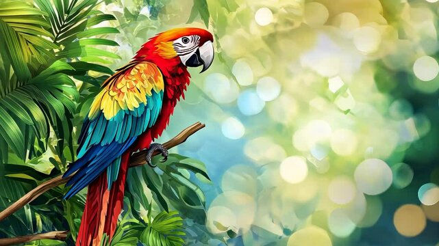 Vibrant macaw perched amidst colorful bokeh nature background