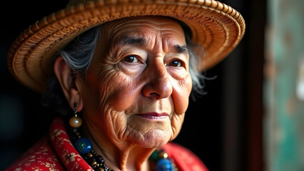 mexican sombrero hat, portrait of an old person. Central American Latina Grandma: A Portrait of Culture and Wisdom	