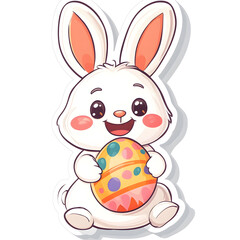 Cute Easter Bunny Sticker Holding a Colorful Decorated Egg with Cheerful Smile