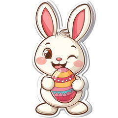 Fototapeta premium Smiling Easter Bunny Character Sticker with Beautifully Painted Egg for Festive Celebrations